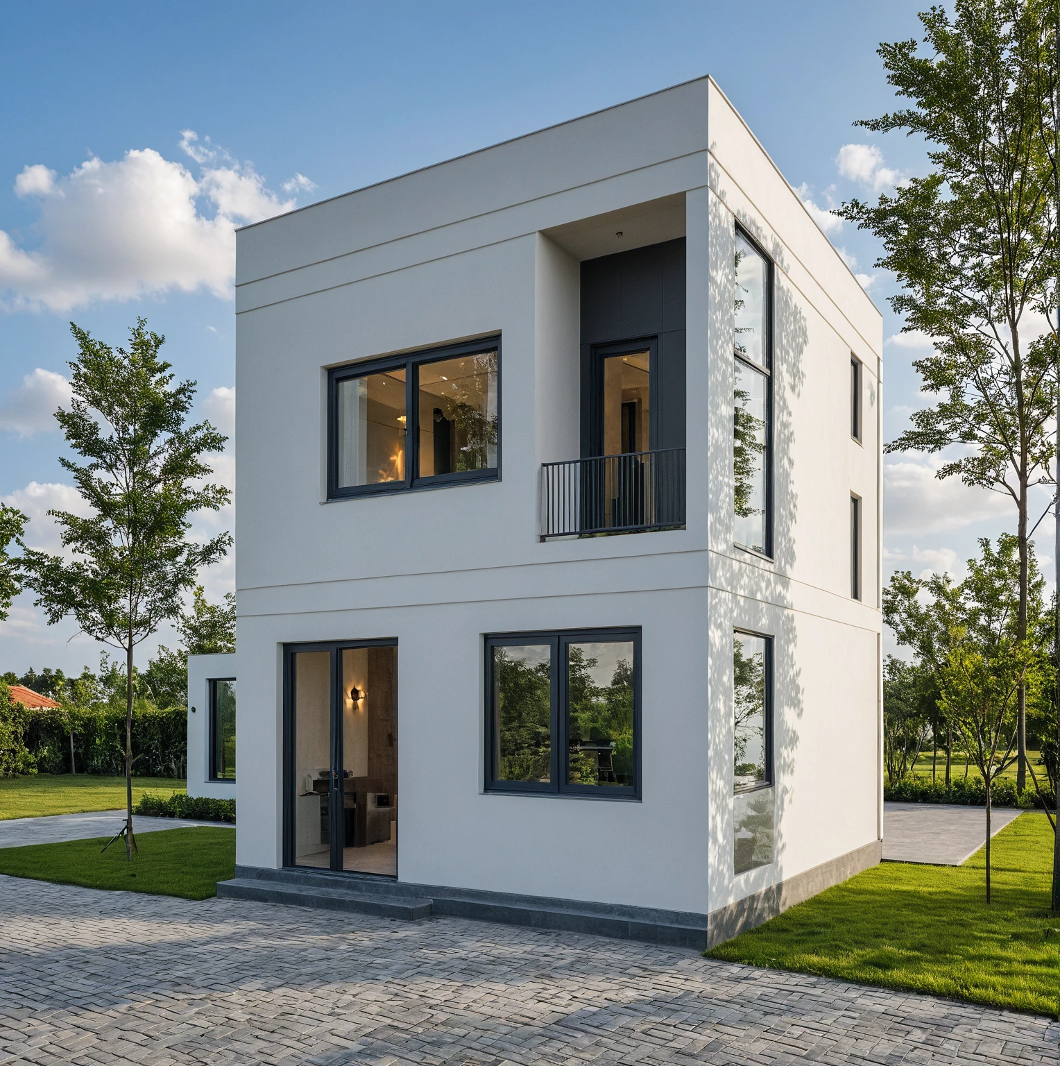 Masterpiece, high quality, best quality, authentic, super detail, outdoors, onestoreyvillaXL, aiaigroup, house style modern on the street ,stairs, white wall ,road,pavement, grass, trees, sky, cloud, (daylight:1.1)