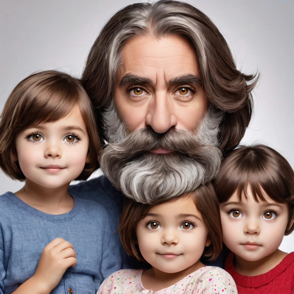 woman with a big gray beard, brown bob hair, hazel eyes, large rounded nose, with children