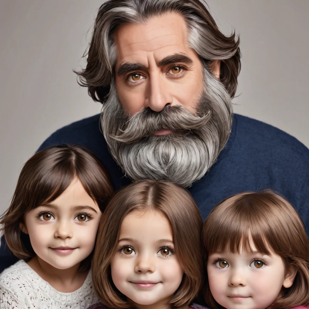 
woman with a big gray beard, brown bob hair, hazel eyes, large rounded nose, with children