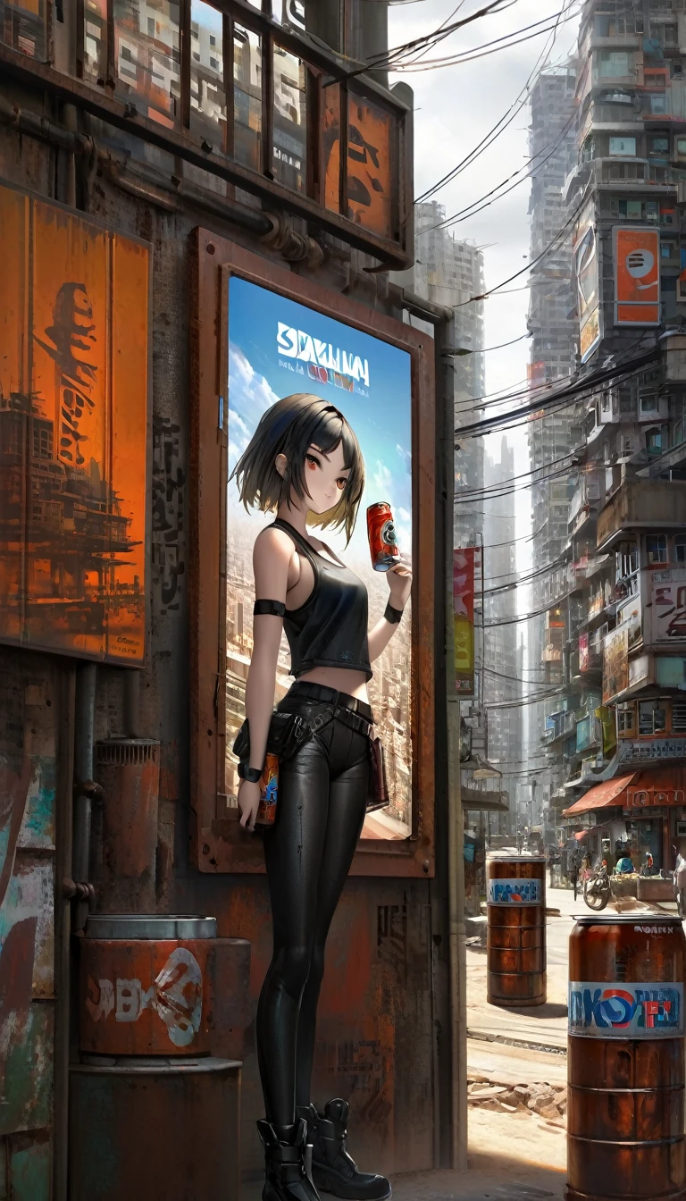 a girl in a leather miniskirt and tight tank top,pronounced nipples,advertising signs in the desert,rusty smooth metal panels with screwed and welded parts,in the distance can see a futuristic city,(best quality,4k,8k,highres,masterpiece:1.2),ultra-detailed,(realistic,photorealistic,photo-realistic:1.37),concept art,cyberpunk,vibrant colors,dramatic lighting,cinematic,moody atmosphere (art inspired by Dave Mckean, details intricate, oil painting)
