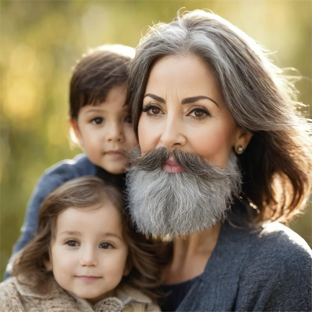 
woman with a big gray beard, brown bob hair, hazel eyes, large rounded nose, with children