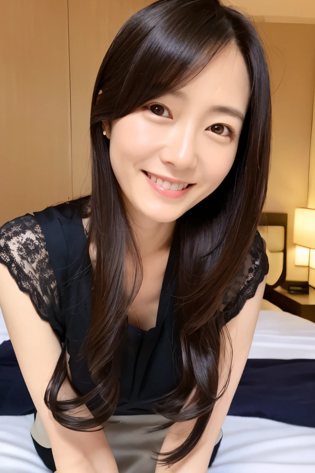 masterpiece, Best quality, Skinny Japanese woman, 40 years old, sexy nightwear, on the bed in a hotel room, correct body structure, slight smile, perfect face, detailed face, detailed eyes