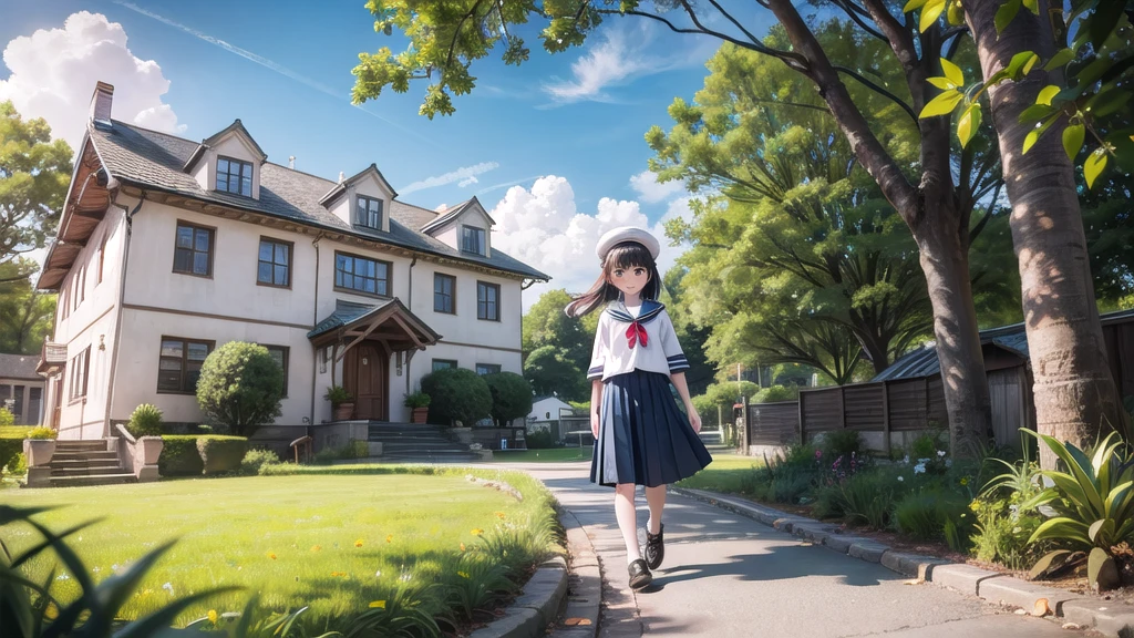 (masterpiece),  town,  blue sky,  One girl,  smile,  alone,  Sailor suit、Long skirt,  Overgrown,  petal,  plant、Skirt lining、Translucent slip