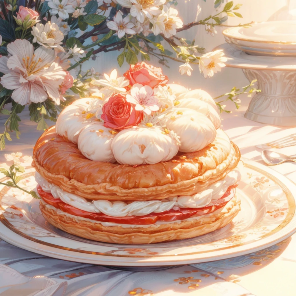 **Beautiful pie, close-up, royal tableware, decorated with flowers, no background,ACGN, American comics, exaggerated and detailed, HD, best quality,8k,