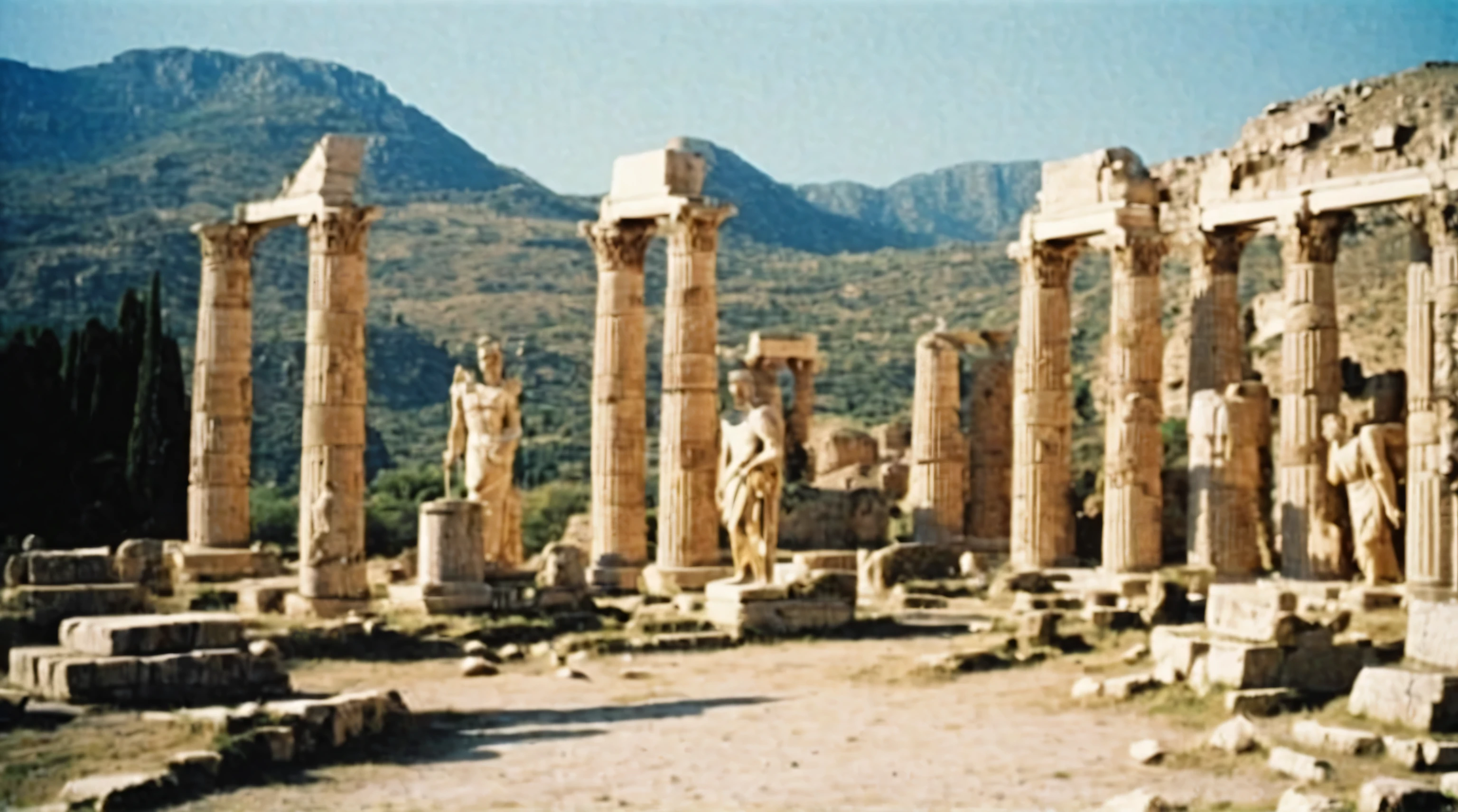 grainy old 35mm vintage, there is a large ancient roman city with dinosaurs and sculptures, Ancient Greece Olympus Zeus-god appearing in god-ray, vast scenery