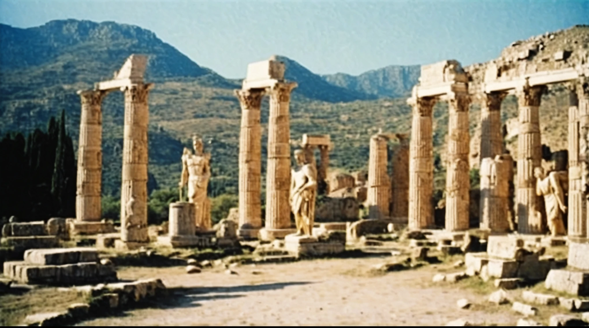 grainy old 35mm vintage, there is a large ancient roman city with dinosaurs and sculptures, Ancient Greece Olympus Zeus-god appearing in god-ray, vast scenery
