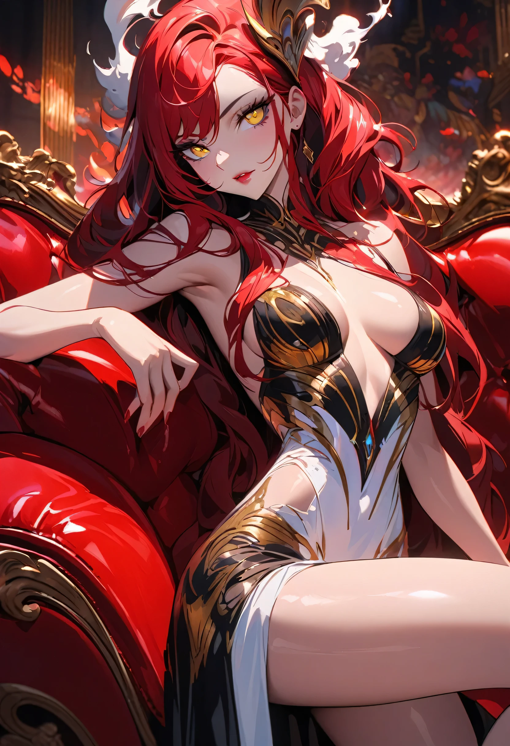 A sultry siren with fiery red locks and captivating yellow eyes lounges seductively on a lustrous crimson couch. This vivid image, reminiscent of a mix between Anime and pulp fiction, is a mesmerizing painting with rich colors and intricate details that exude sensuality and allure. The woman's alluring features are accentuated by her striking pose, drawing viewers in with an irresistible combination of beauty and intrigue.