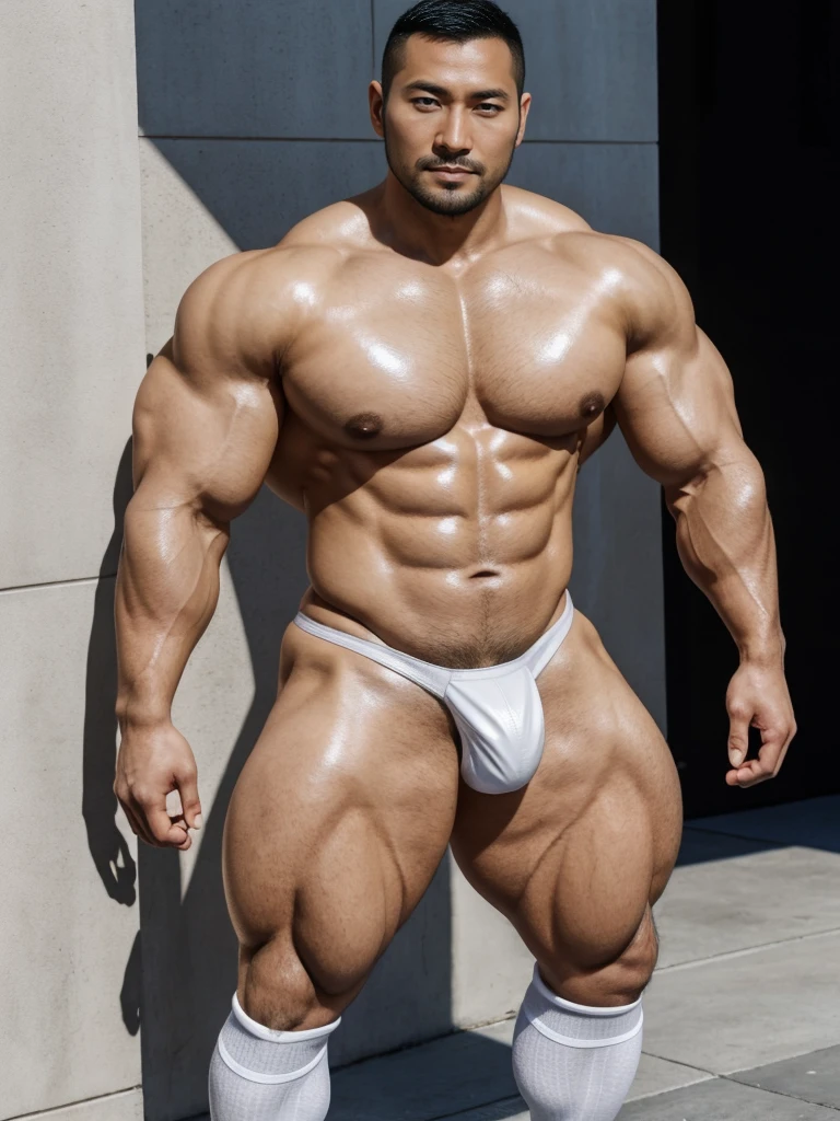There is only one handsome Asian actor in the picture，35 years old，Tall and handsome, Toned body，short hair, O-Shaped Beard，Perfect body, Dark skin，Glowing skin，Smooth skin，The body is hairless，Muscle bulge, Muscular, Very large pectoral muscles，Very sexy abdominal muscles，Very well-developed leg muscles，Huge concave and convex area，Brightens oily skin，Wearing a white leather shiny thong，Handsome face， Correct and accurate male body proportions, Wear white leather socks，Stand among the flowers。

