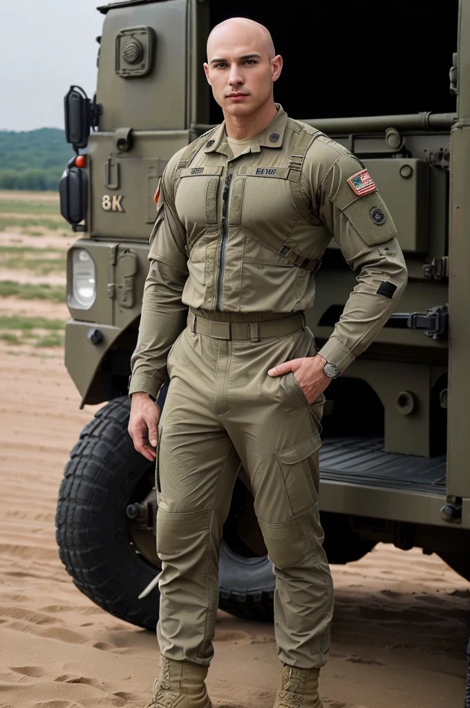 ((8k ((best quality)), ((masterpiece)), (very detailed), real face bald male muscular male full body wear soldier suit stand by military truck