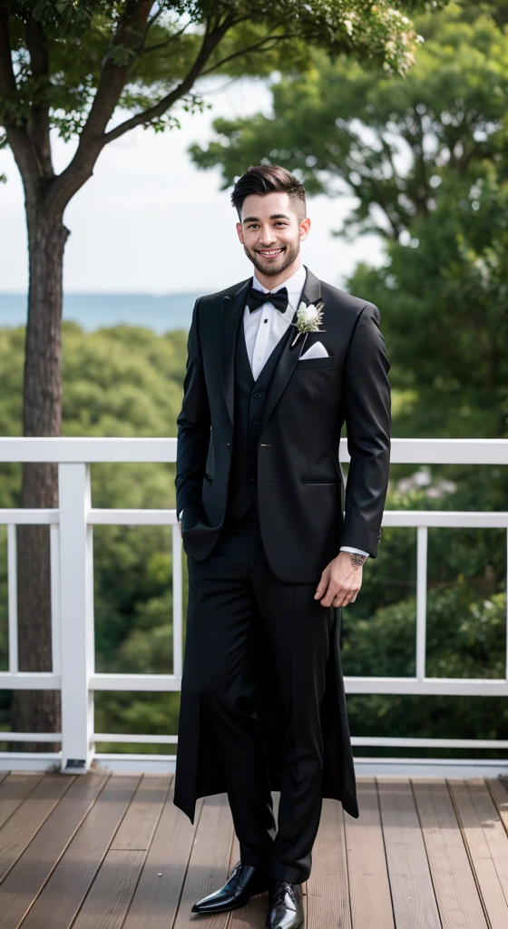 The groom stands on the deck，Wearing a black groom&#39;s suit overlooking the sea and sunshine, with sunset, sunset, With the sunset,Man&#39;s back, gorgeous romantic sunset, Cinematic full shots, photo shoot, sunset, Stills, asian man, Chic movie pose