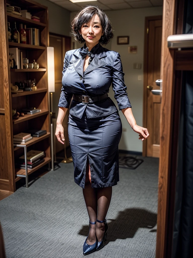 OL、Beautiful girl、Outstanding style、nice buddy、glamorous、Big Breasts、navy blue business suit、Skirt、Garter belt and black 30 denier stockings、High heels、office、standing、The whole body is visible, (mature woman), 45 years old, (black short hair)
