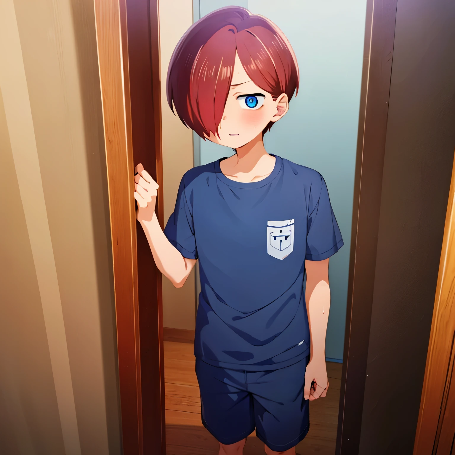 1boy, solo, male focus, kyoutarou_ichikawa, red hair, blue eyes, short hair, hair over one eye, bangs, Standing,Blue pajamas, Peeking behind the door, at night,night,close up photo,Surprised expression 