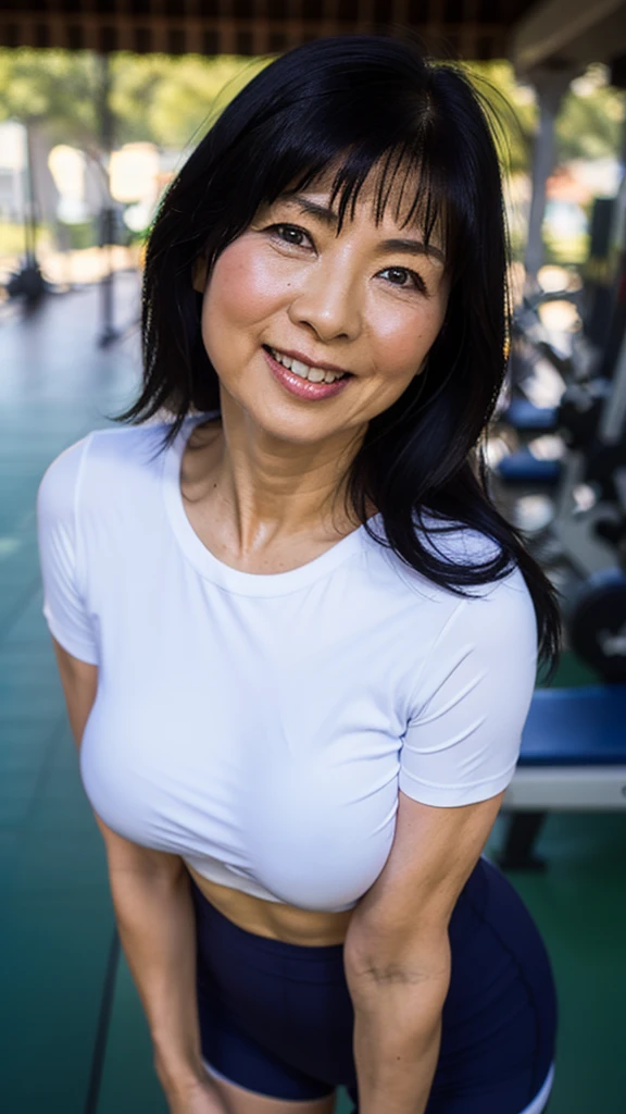 Japanese, 60-year-old mature woman, mature woman, dark blue bloomers, gym clothes, white T-shirt, wrinkles around the eyes, smile, long black hair, detailed face, big breasts, big breasts, 4K, high resolution