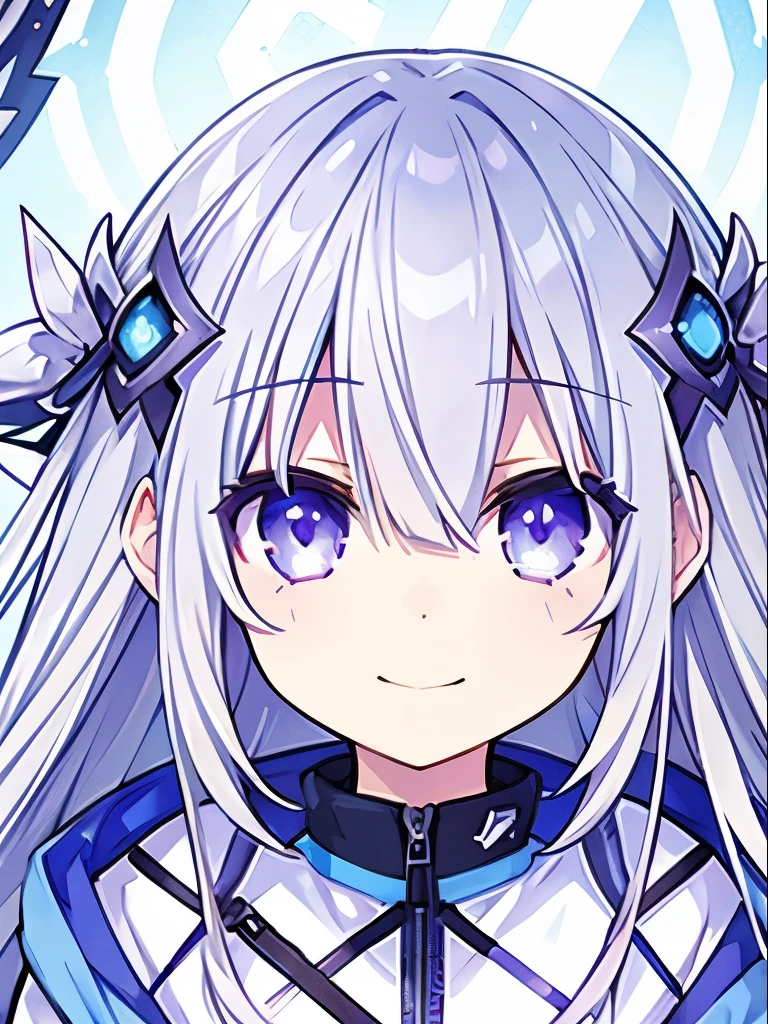 One girl、Gray Hair、Blue to purple gradation at the tip of the hair、White, clear, shining eyes、Big eyes、Fair skin、Lilac anorak parka、smile、Beautiful background in lilac colors、Perfect Face、Cute Face、Highest quality、Masterpiece