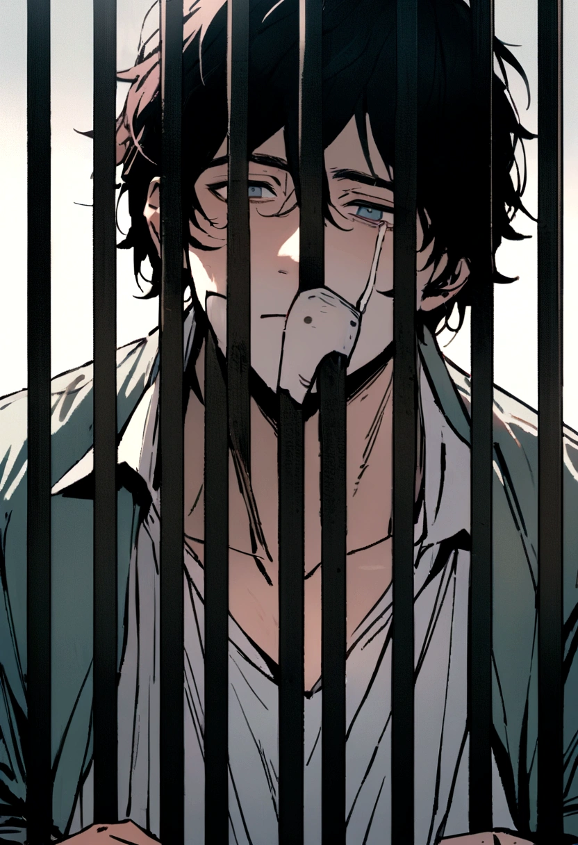 I want a photo of a man in prison that shows his face well while he is physically weak and behind bars