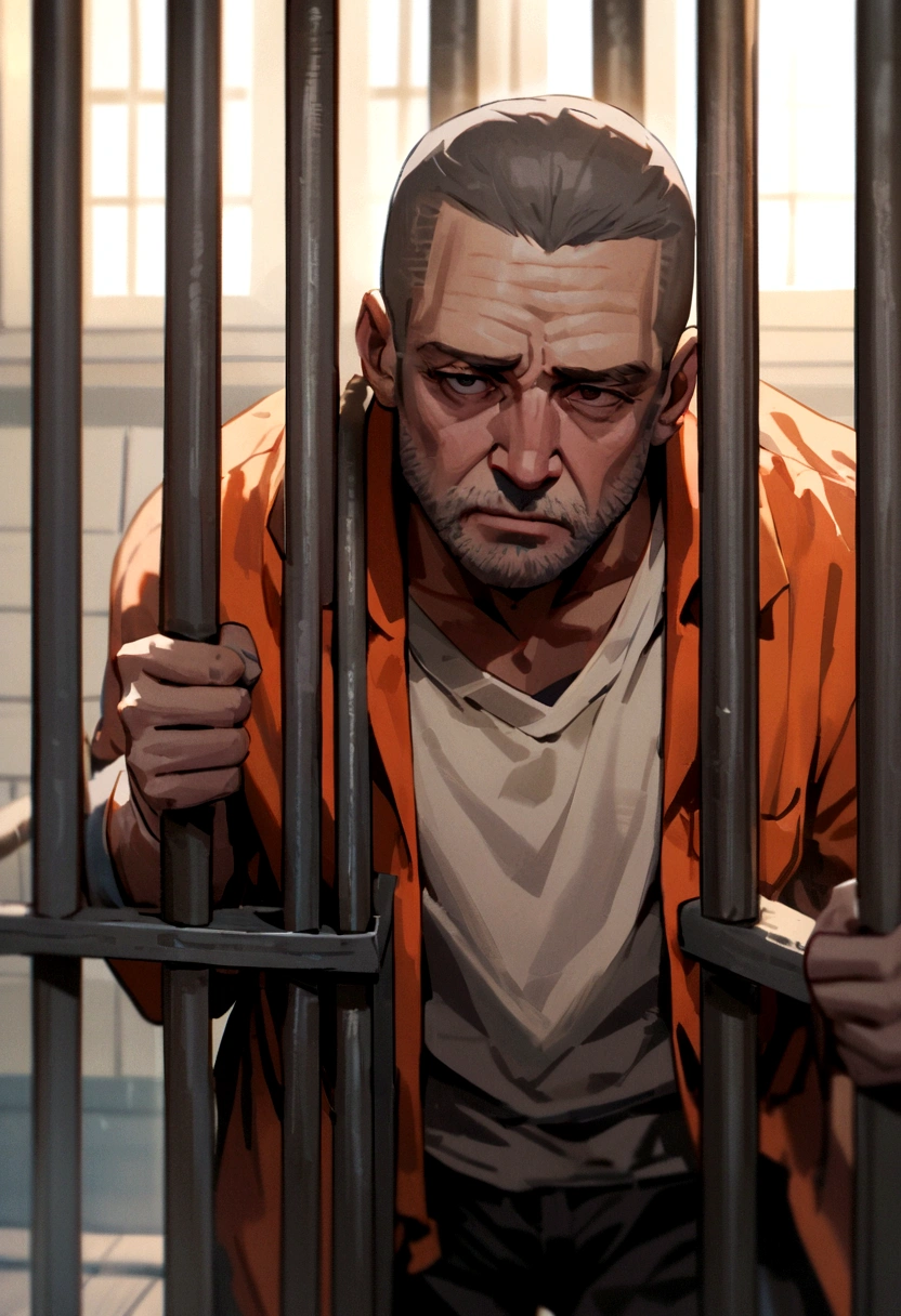 I want a photo of a man in prison that shows his face well while he is physically weak and behind bars