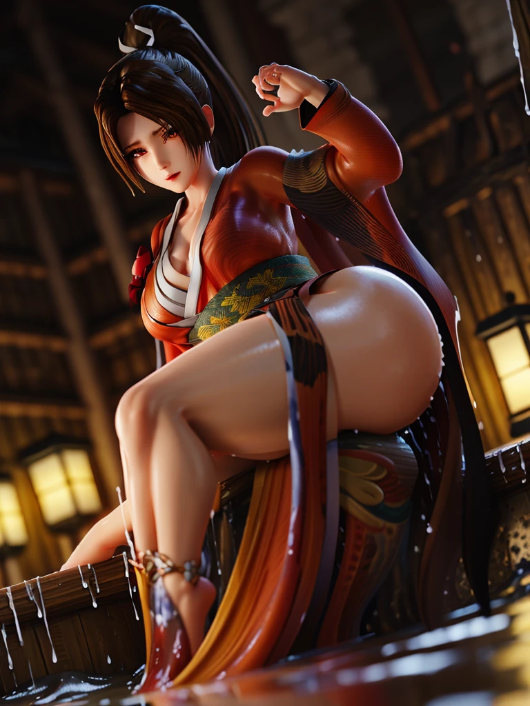 (exquisitely detailed CG unity 8k wallpaper, masterpiece-quality with stunning realism), (best illumination, best shadow), (best quality), (elegant style:1.2), Arti modern anime. angled view, heroic pose, midshot, (cel-shading style:1.3), centered image, ultra detailed closeup portrait of (Mai Shiranui:1) from (King of Fighters), best quality, expressive eyes, perfect face, highres, (ultra details), 1 girl, solo, brown hair, hair ornament, eyeshadow, gold, white and red qipao, highly ornamented, in the city of Japan, portrait, looking at the viewer, piercing eyes, full body, (light from the angle:1) (wind blowing:1.2).(depth of field effects:1.3) (motion action:1.2) (closeup:1.2) (angled closeup photography:1), (motion blur effects:1), wide angles, spreading feet, Thin to transparent,see-through,(((Soggy-kimono:1.2))),Lace fabric, (((water-immersed body: 0.9))),jewelry, relaxing pose, (dress on fire:.7), ((Leaning forward:1))