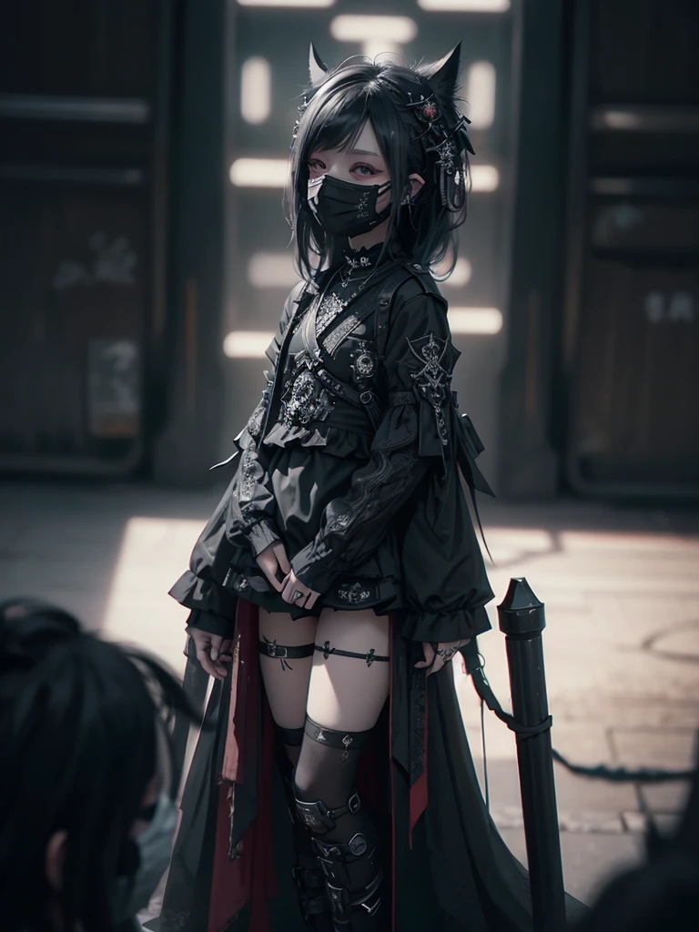 Highest quality、8K、masterpiece:1.3、Gothic Punk、The inside color is red、Black-haired、hair ornaments、Beautiful girl、creative、Dark Fantasy Style、Neogoth、Goth Fashion:1.2、High resolution、masterpiece、Highest quality、頭w:1.3、((Hasselblad Photos))、Fine skin、Sharp focus、(Cinematic lighting)、Realistic textured hair、((Black Mask)),Esbian all over、((View from below))