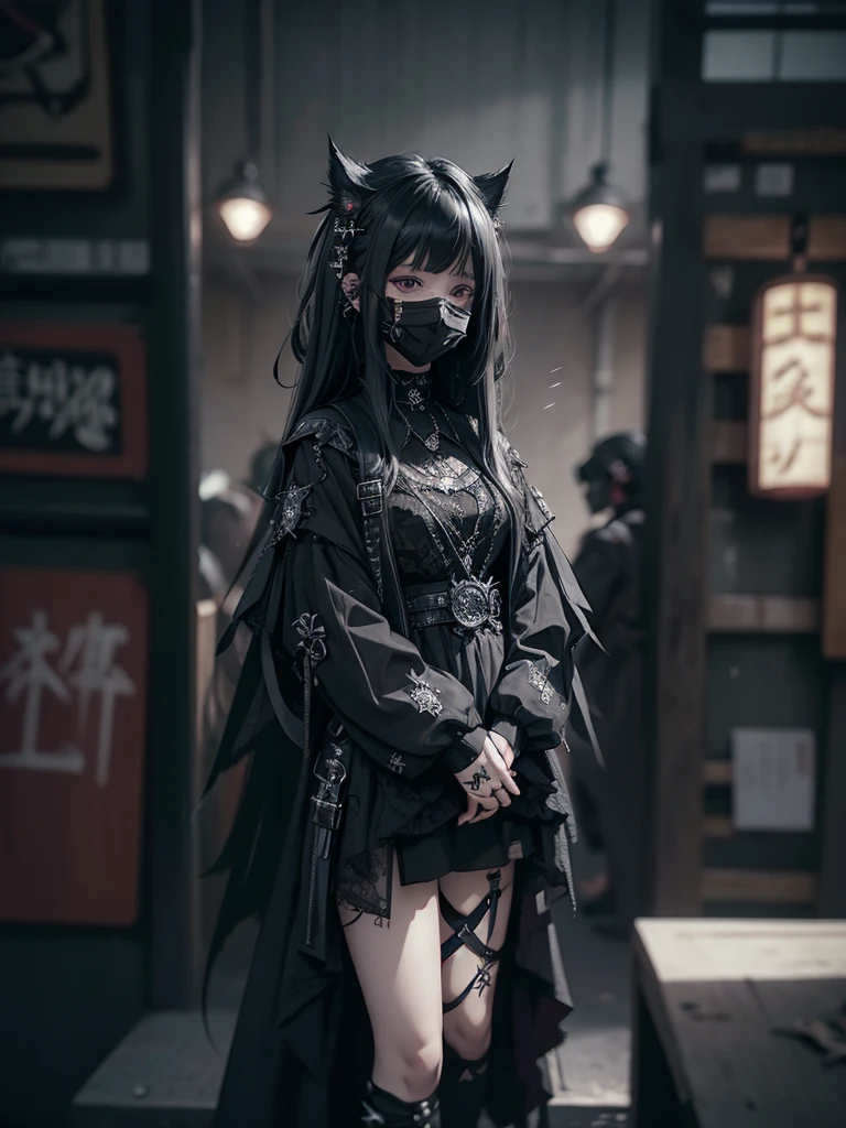 Highest quality、8K、masterpiece：1.3、Gothic Punk、The inside color is red、Black-haired、hair ornaments、Beautiful girl、creative、Dark Fantasy Style、Neogoth、Goth Fashion：1.2、High resolution、masterpiece、Highest quality、頭w:1.3、((Hasselblad Photos))、Fine skin、Sharp focus、(Cinematic lighting)、Realistic textured hair、((Black Mask)),Esbian all over、((View from below))