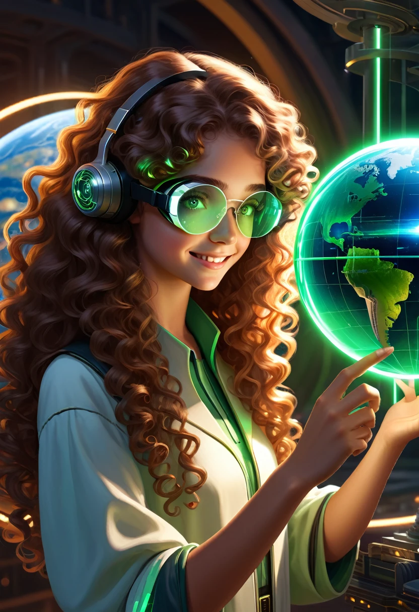 gemtech , Science-Fiction, internal reflections , transparent, inner details , Scholars , scroll, 1 girl,long hair, curly hair, glowing eyes, smile ,closed mouth, fire von hair hair, hold a globe , green eyes, holding virtual glasses as like VR , showing us the innosoft future, this girl is Enginneer trying to change the future