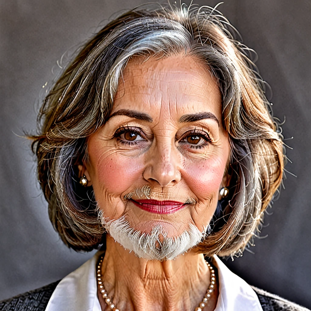 
woman with big gray beard, brown bob cut hair, hazel eyes, large rounded nose, school teacher