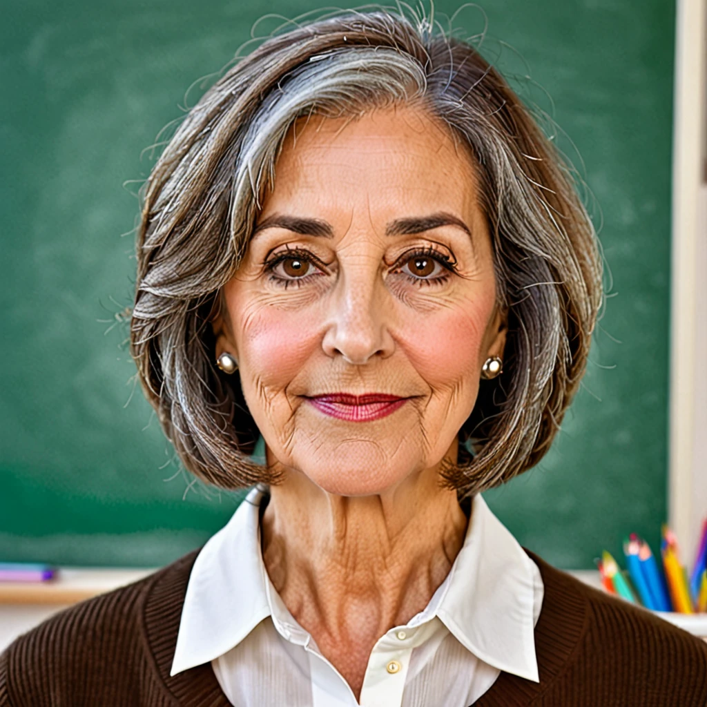 woman with big gray beard, brown bob cut hair, hazel eyes, large rounded nose, school teacher