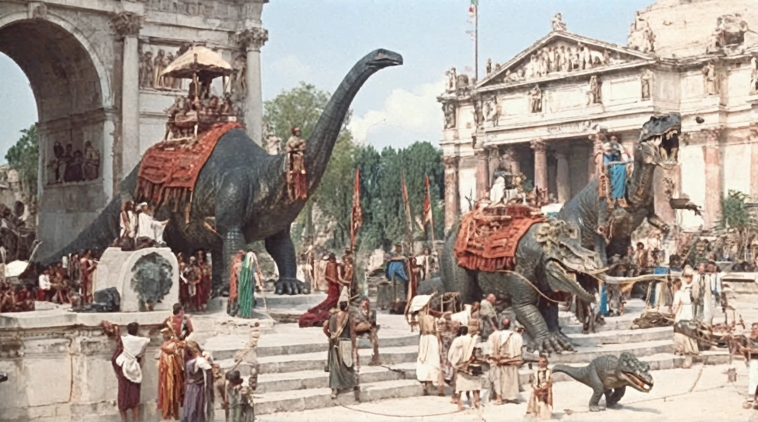 grainy old 35mm vintage, there is a large ancient roman-empire city with dinosaurs and people, Ancient Greece Olympus Zeus-god appearing in god-ray, vast scenery