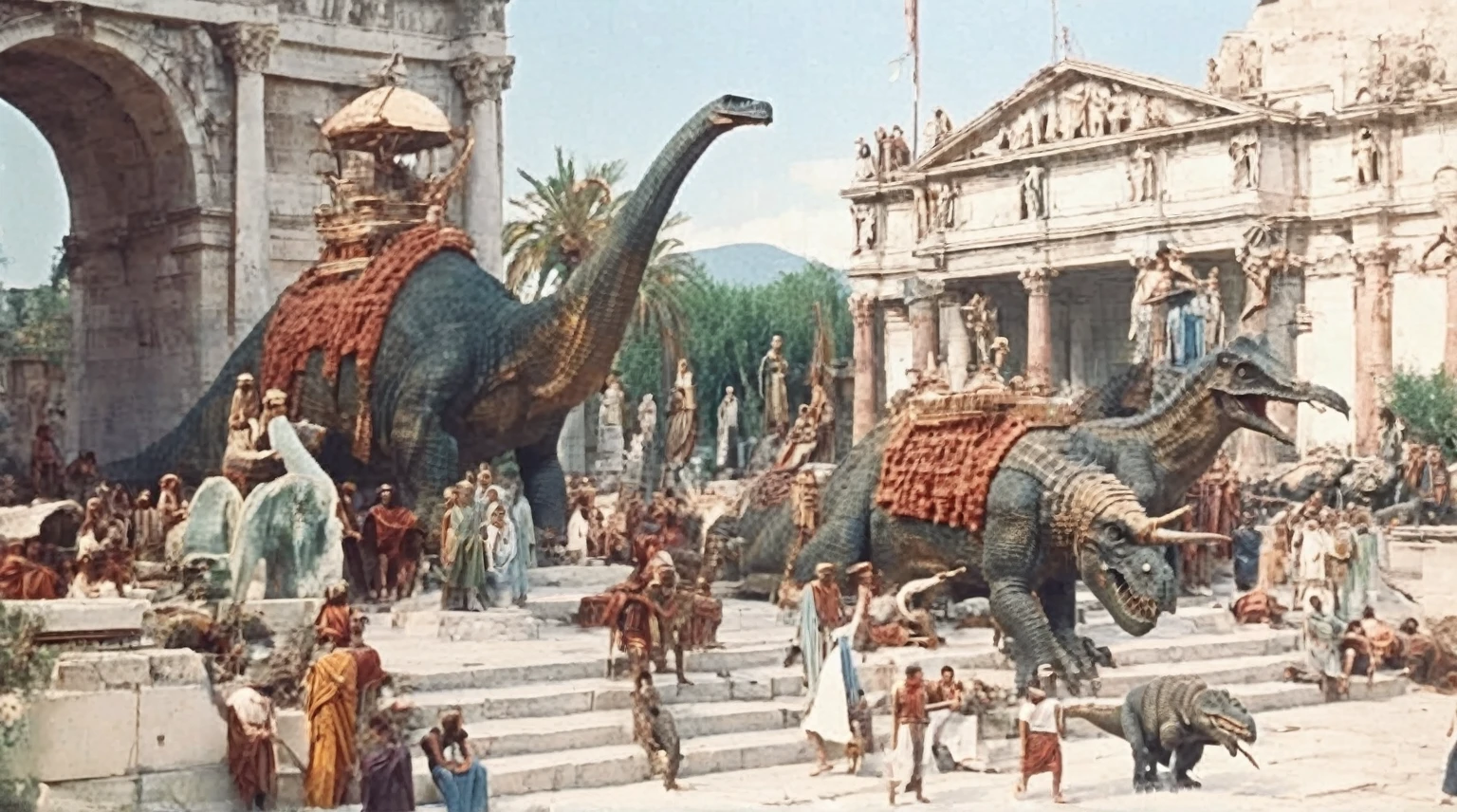 grainy old 35mm vintage, there is a large ancient roman-empire city with dinosaurs and people, Ancient Greece Olympus Zeus-god appearing in god-ray, vast scenery