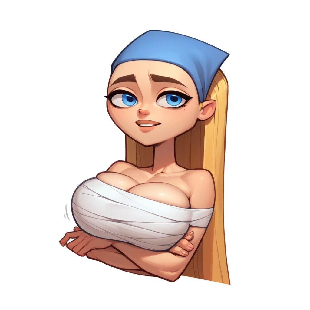 Lindsay, 1girl, solo, blue eyes, long hair, blonde hair, bandada, head scarf,  huge overfilled breast_implant, huge keep_inflating_Extrem_like a blimp