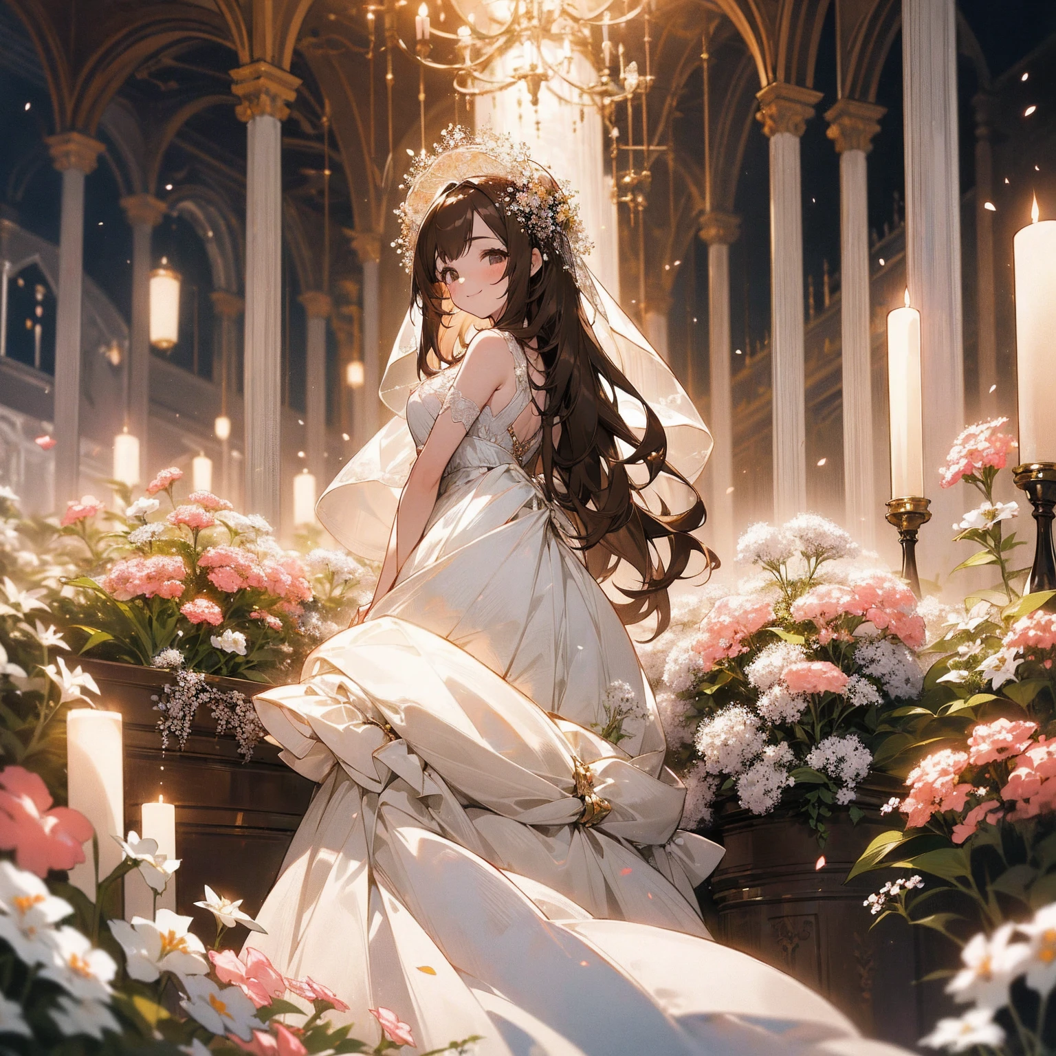 (Beautiful and aesthetic:1.2)、(1 Girl:1.3)、(Brown color hair:1.2)、Wearing a wedding dress、White gypsophila、miracle、happinessそうなsmile、smile、happiness、Gypsophila in full bloom、Fantastic space、