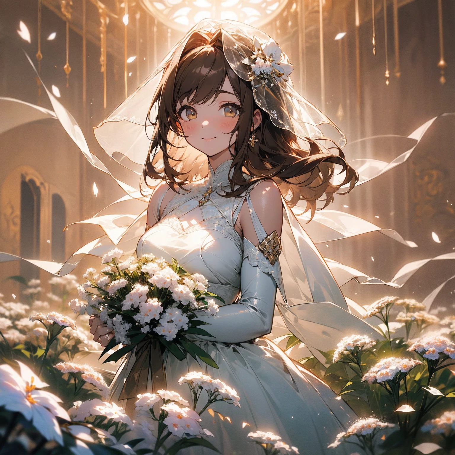 (Beautiful and aesthetic:1.2)、(1 Girl:1.3)、(Brown color hair:1.2)、Wearing a wedding dress、White gypsophila、miracle、happinessそうなsmile、smile、happiness、Gypsophila in full bloom、Fantastic space、