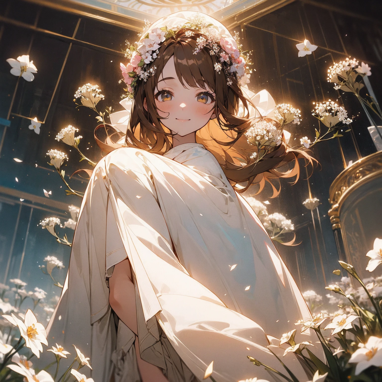 (Beautiful and aesthetic:1.2)、(1 Girl:1.3)、(Brown color hair:1.2)、Wearing a wedding dress、White gypsophila、miracle、happinessそうなsmile、smile、happiness、Gypsophila in full bloom、Fantastic space、