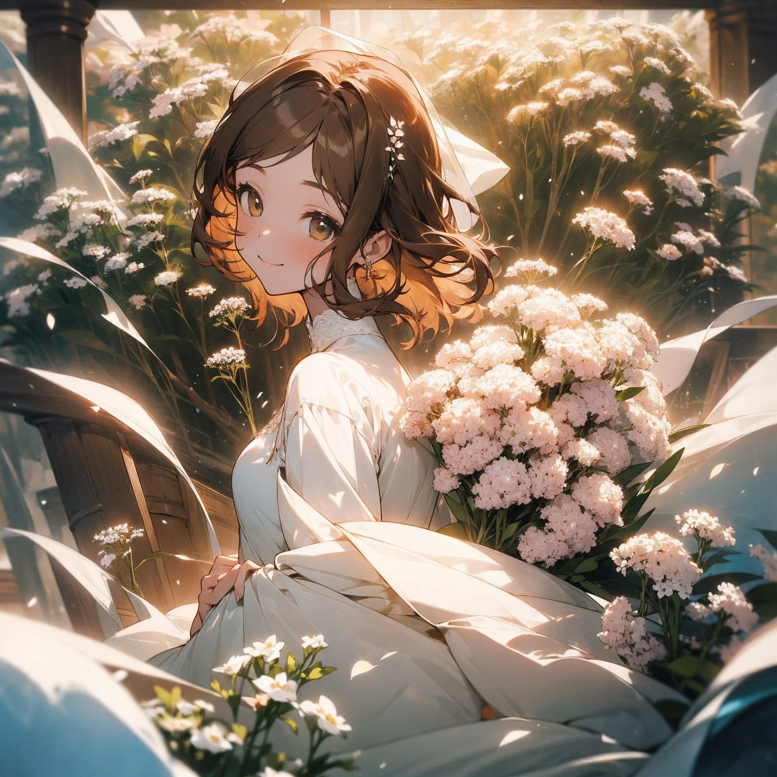 (Beautiful and aesthetic:1.2)、(1 Girl:1.3)、(Brown color hair:1.2)、Wearing a wedding dress、White gypsophila、miracle、happinessそうなsmile、smile、happiness、Gypsophila in full bloom、Fantastic space、