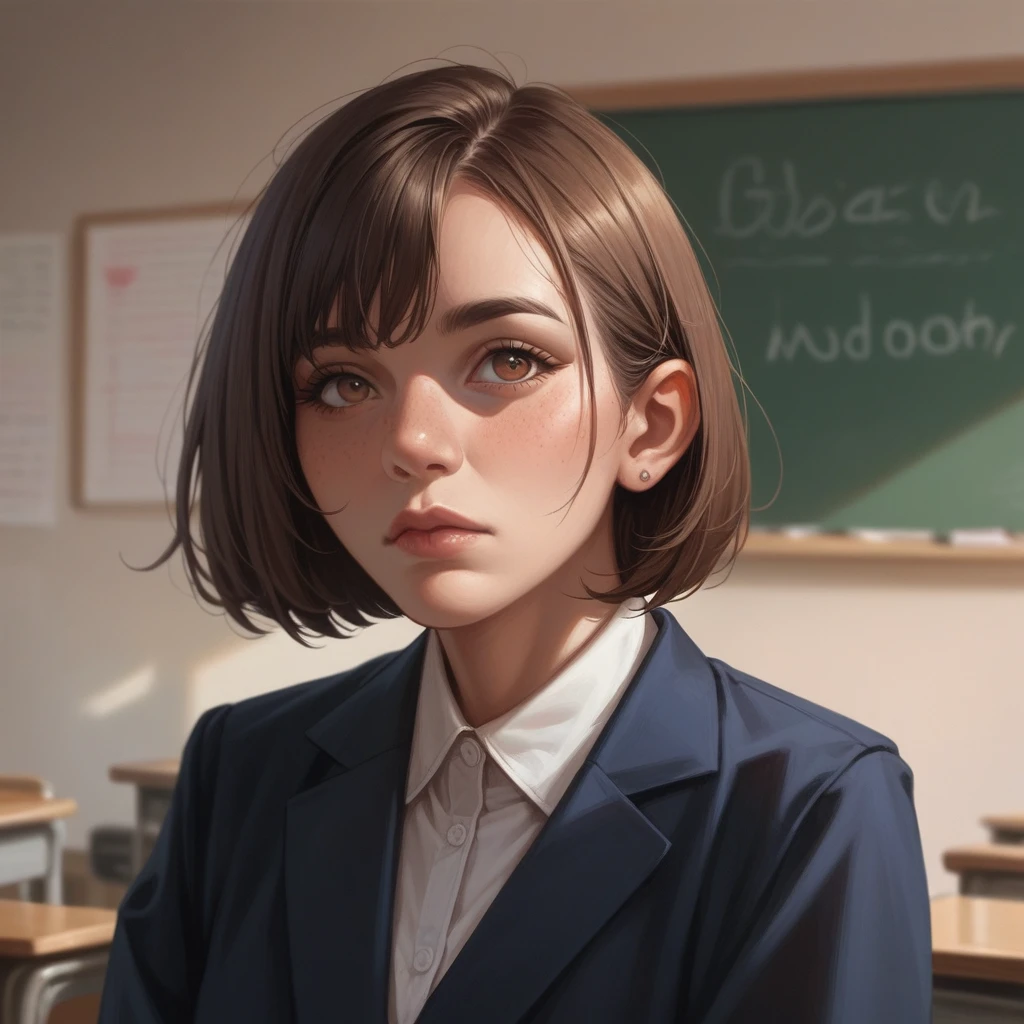 
woman with big gray beard, brown bob cut hair, hazel eyes, large rounded nose, school teacher