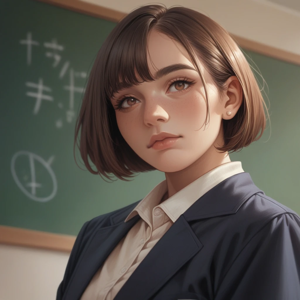 woman with big gray beard, brown bob cut hair, hazel eyes, large rounded nose, school teacher
