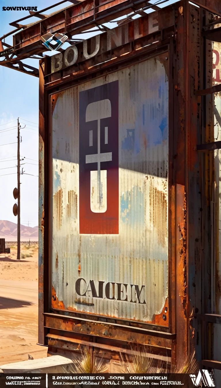 advertising billboard in a desert of rusty metal, some metal letters cover it, ((the text is:"VICTOR OLANO")) (art inspired by Dave Mckean, details intricate, oil painting)