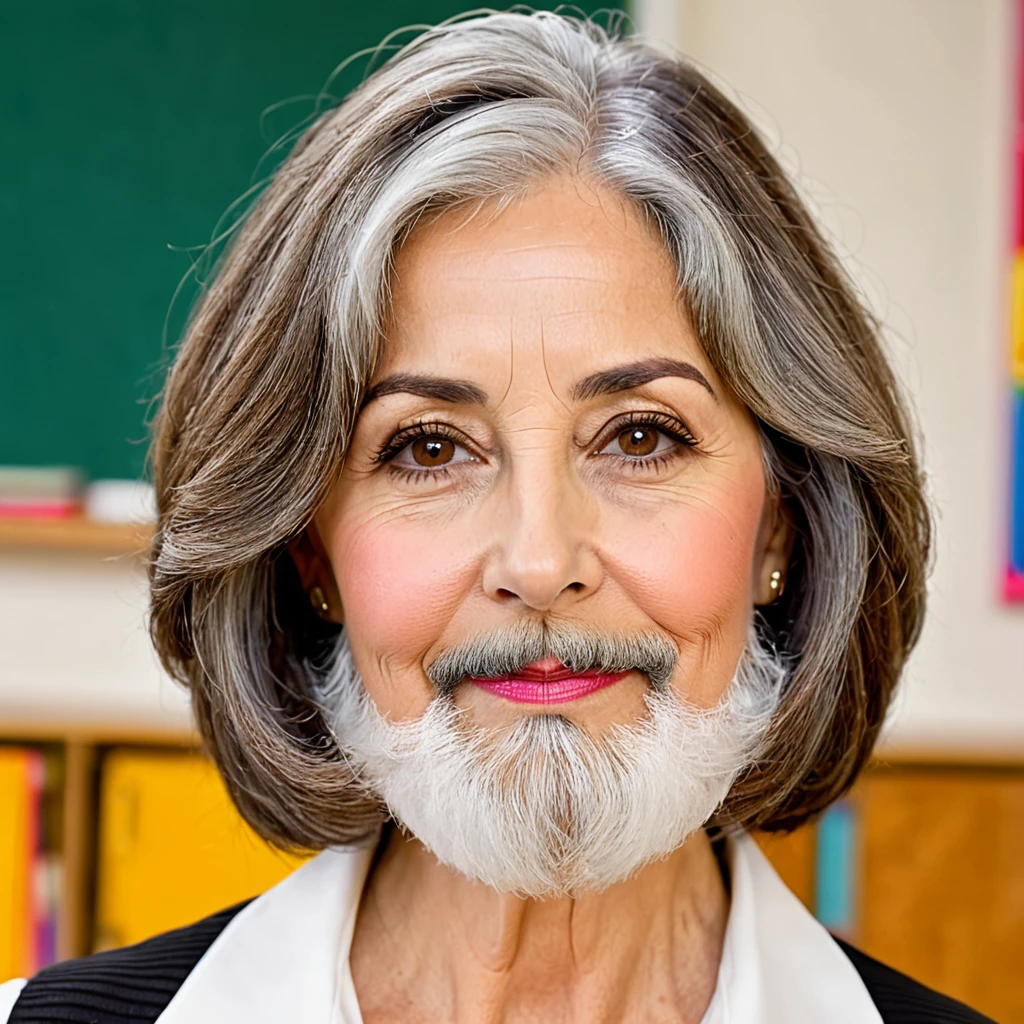 
woman with big gray beard, brown bob cut hair, hazel eyes, large rounded nose, school teacher