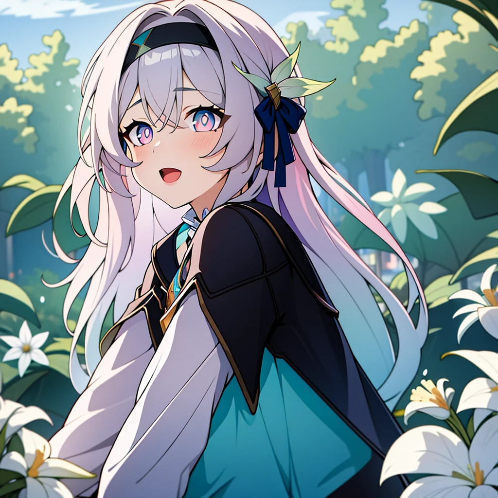 (masterpiece, best quality:1.2), 1 girl,solo, alone, Blue-pink gradient pupils,Brown and light teal,silver long hair,White·,sit,looki at viewer,(((rain)))(((soaking wet)))(((bunch of flowers)))sea,excited,open mouth, black headband