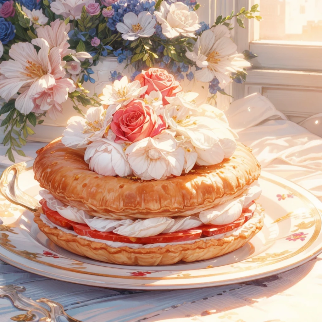 **Beautiful pie, close-up, royal tableware, decorated with flowers, no background,ACGN, American comics, exaggerated and detailed, HD, best quality,8K,Rose