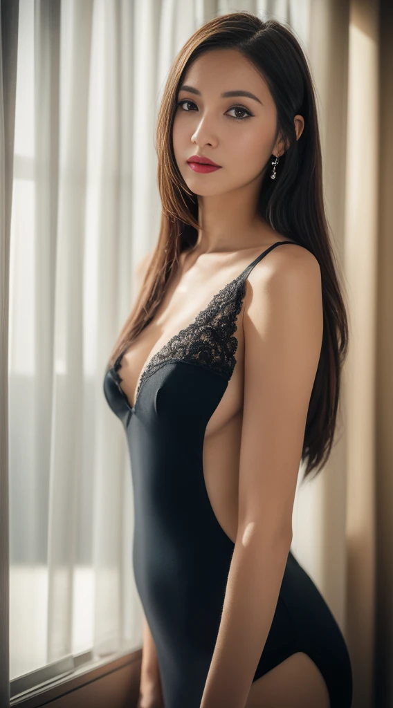 {{{masterpiece}}}, (40 year old mature woman), {Extremely delicate and beautiful}, ((Solo:1.5)), (Best Quality:1.2), (超A high resolution, Photorealistic, Raw photo:1.4), 8K, Cinematic lighting, Beautiful lighting, Professional Lighting, Physically-based rendering, Photon mapping, Radio City, Detailed and Intricicated, Detail Face, High quality, ((40Japan mature woman)),, medium ,(4０Year old), delicate and dense skin texture, Detailed red-black, bright red lips, Crystal clear white skin, 50Japan mature woman, Detailed red-black , detailed brown eyes, fluffy long brown hair,  body shape, Wearing g-strings, Gorgeous accessories, gorgeous hair decoration, I am in a very luxurious room in a high-rise hotel with a night view from the window、