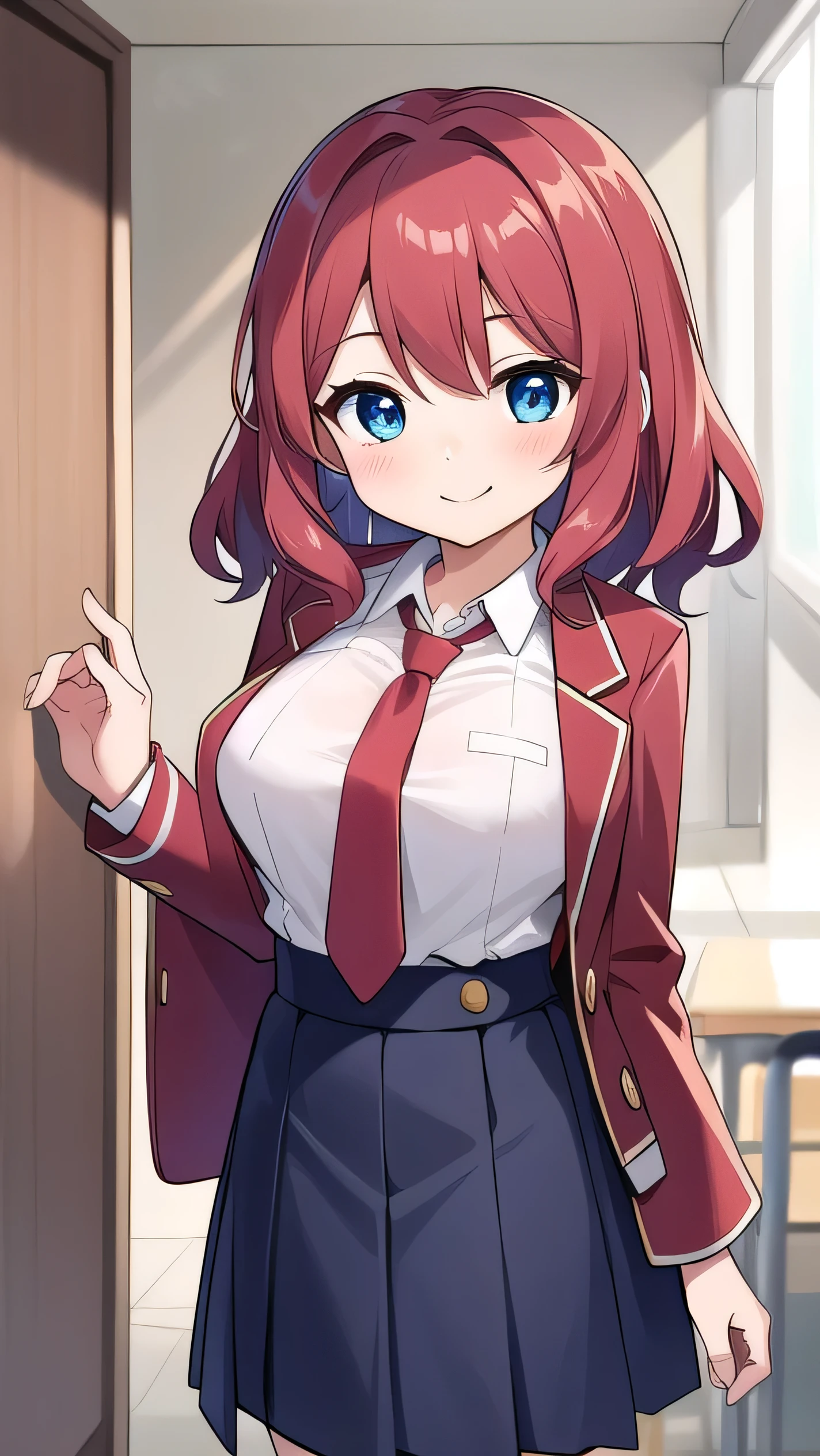 Big breasts, red hair, blue eyes, droopy eyes, red jacket, long sleeves, navy skirt, elementary school student, super big breasts, (medium hair: 1.2), baggy clothes, elementary school student, young face, short height, 10 years old, old, shy A shy guy, smiling a little, trying to open the buttons of his shirt, white shirt, red tie,straight hair , gentle smile, a little smile