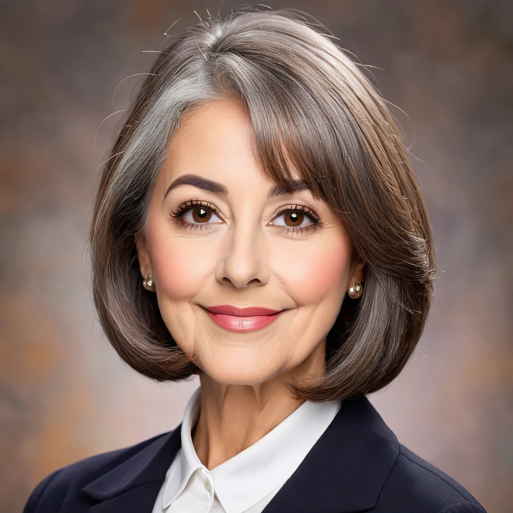 
woman with big gray beard, brown bob cut hair, hazel eyes, large rounded nose, school teacher