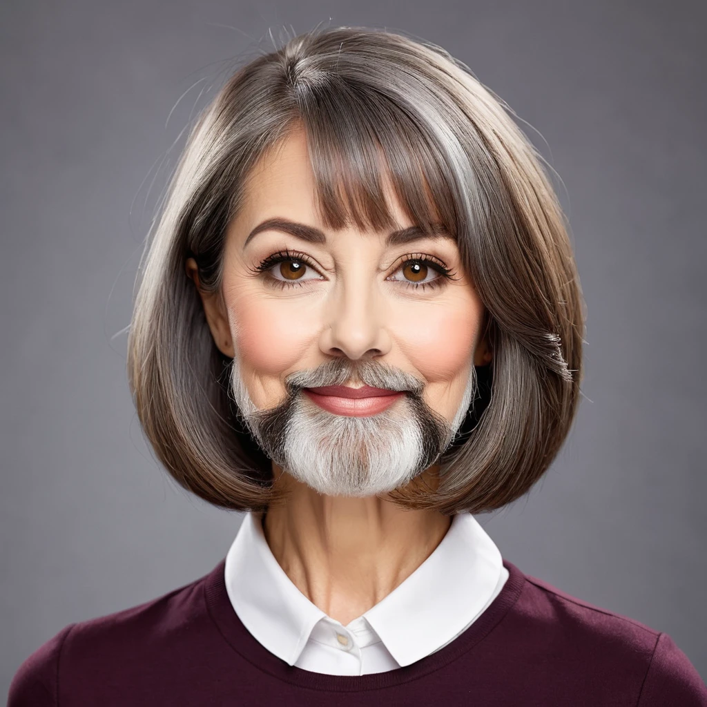 
woman with big gray beard, brown bob cut hair, hazel eyes, large rounded nose, school teacher