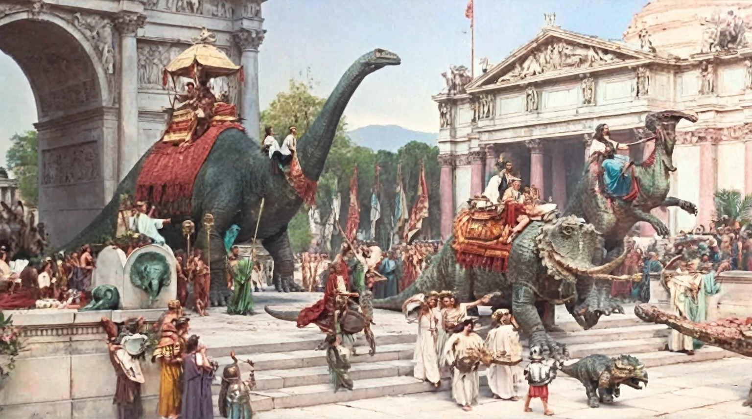 grainy old 35mm vintage, there is a large ancient roman city with dinosaurs and sculptures, Ancient Greece Olympus Zeus-god appearing in god-ray, vast scenery