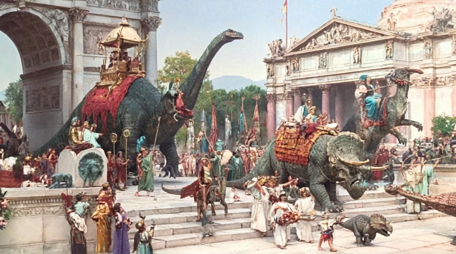 grainy old 35mm vintage, there is a large ancient roman city with dinosaurs and sculptures, Ancient Greece Olympus Zeus-god appearing in god-ray, vast scenery