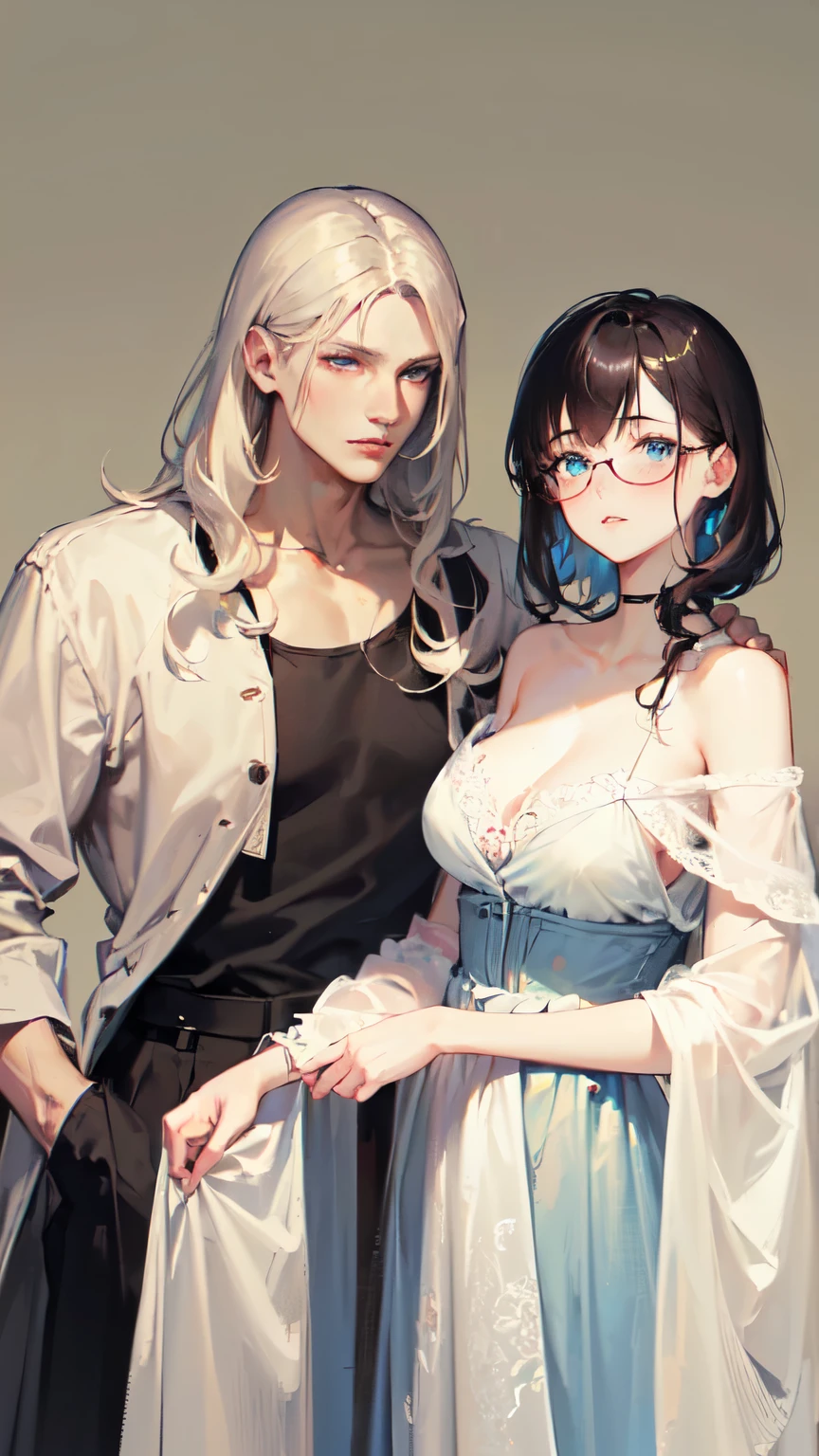 (full-body view))), ((girl and man)), ((dark fantasy)), mature male, 30-ish, (wide shoulder), ((no chest hair)),man with short black Quiff hair with Soft Fringe, (bangs part on side 3:7 ratio), blue eyes, upper body, short hair, looking at viewer, parted lips, round eyewear, showing a bit of muscles,(( girl with wavy hair, pale skin, long light blond hair),((light blue eyes)), freckles,(girl 16 years old),erotic posing,Gothic background, Dark fantastic view,Best Quality,masutepiece,8K,The ultimate detailed dark background, Top image quality、RAW photography、超A high resolution，cropped shoulders, overall look is very erotic, model shoot, round chest, Beautiful Eyes of Details、Very slender eyes、Beautiful eyelashes、Very slim physique, with blush cheeks, bedroom background