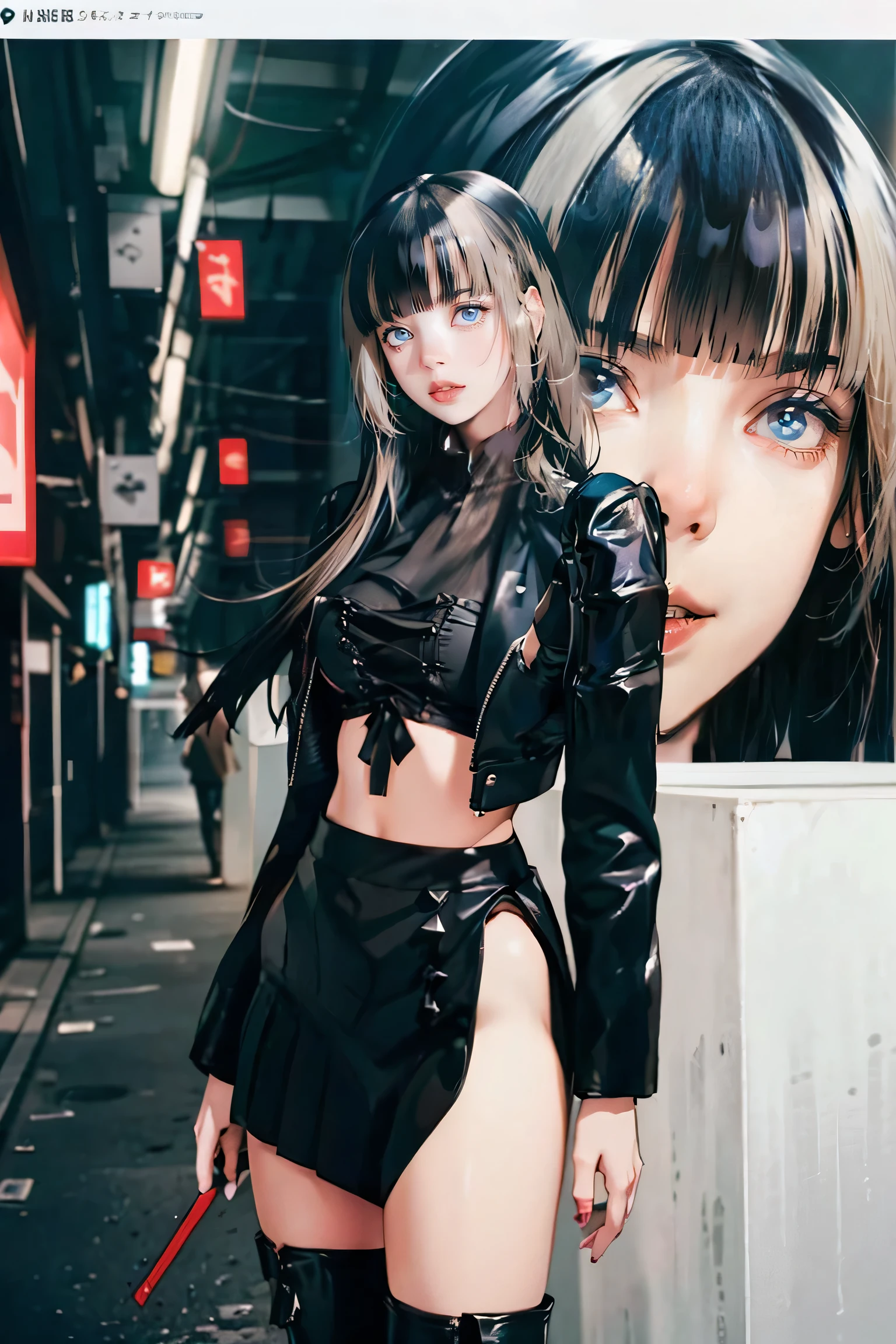 (((nsfw0.7))),Better Quality, Realist, Award-Winning Illustration, (Intricate details: 1.2), (Fine Detail), (Intricate details), (Cininatic Lights, Better Quality Backlight), Crisp Lines, Sharp focus, Official Art, unity wallpaper 8k, Absurd, unbelievably Absurd, Huge file sizes, Ultra- (in_main_two:1.21), (Neon lamp), Fantasy art, RTX,((triangle closeup photo by award winning studio )), 1 girl, so beautiful, (run away), small , ((two da cidade cyberpunk, Valkyrie)), Perfect hands, Beautiful and fine details, Perfect Face, (Cyberpunk Blouse, leather jacket, Martin boots) ,((Pleated skirt) ), ((Supermodel posture)),((Big Breasts)),(See through)