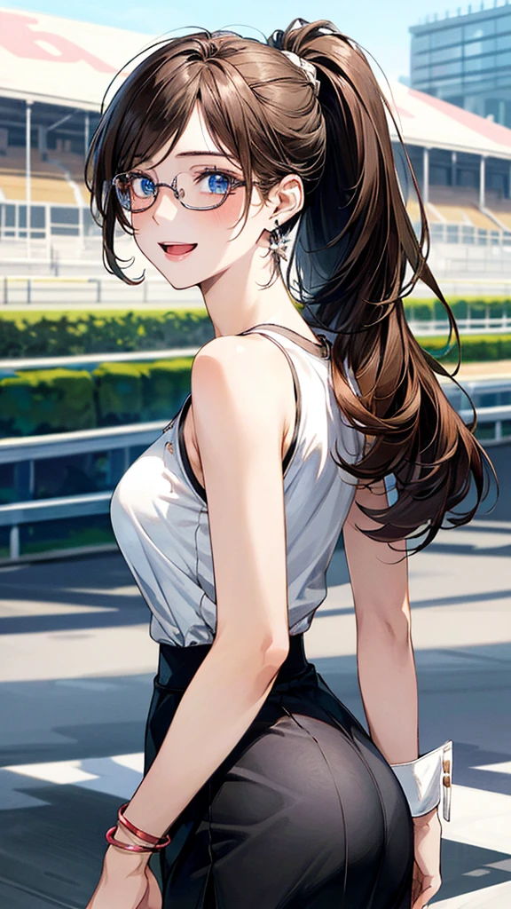 (masterpiece:1.3, top-quality, ultra high res, ultra detailed), (realistic, photorealistic:1.4), beautiful illustration, perfect lighting, natural lighting, colorful, depth of fields, NFSW, 
looking at viewer, (back shot), face forward, ass forcus, 1 girl, 15 years old, cosplay, perfect face, (perfect ), cute and symmetrical face, baby face, (pale skin), ((ultra detailed skin))
(long hair, ponytail, light brown hair), swept bangs, blue eyes, (big eyes), clear eyes, long eye lasher, (medium breasts, thick thighs, BIG ASS), very slim, 
beautiful hair, beautiful face, beautiful detailed eyes, beautiful clavicle, beautiful body, beautiful chest, beautiful thigh, beautiful legs, beautiful fingers, beautiful lips,, 
(sexy magical girl costume, skirt), opened breast, frameless glasses, beautiful earrings, bracelets, pantyhose, 
(beautiful scenery), in the dark, (racetrack), walking, backtrack, ( smile, upper eyes, open mouth small), Huge Breasts