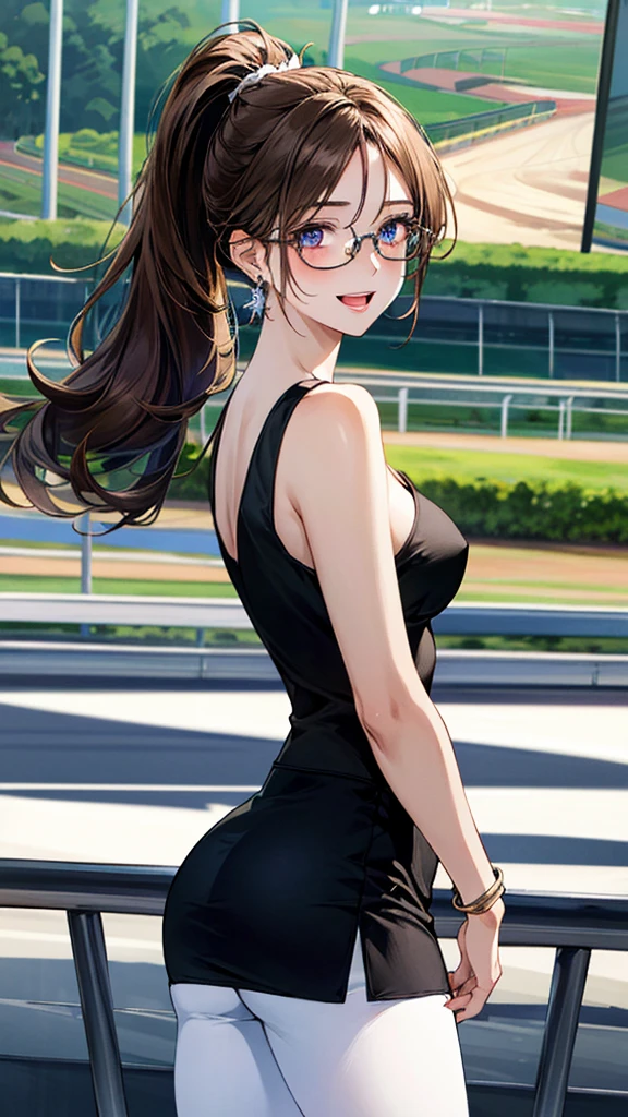 (masterpiece:1.3, top-quality, ultra high res, ultra detailed), (realistic, photorealistic:1.4), beautiful illustration, perfect lighting, natural lighting, colorful, depth of fields, NFSW,
looking at viewer, (back shot), face forward, ass forcus, 1 girl, , cosplay, perfect face, (perfect anatomy), cute and symmetrical face, baby face, (pale skin), ((ultra detailed skin))
(long hair, ponytail, light brown hair), swept bangs, blue eyes, (big eyes), clear eyes, long eye lasher, (medium breasts, thick thighs, BIG ASS), very slim,
beautiful hair, beautiful face, beautiful detailed eyes, beautiful clavicle, beautiful body, beautiful chest, beautiful thigh, beautiful legs, beautiful fingers, beautiful lips,,
(sexy magical girl costume, skirt), opened breast, frameless glasses, beautiful earrings, bracelets, pantyhose,
(beautiful scenery), in the dark, (racetrack), walking, backtrack, (seductive smile, upper eyes, open mouth small), Huge Breasts
