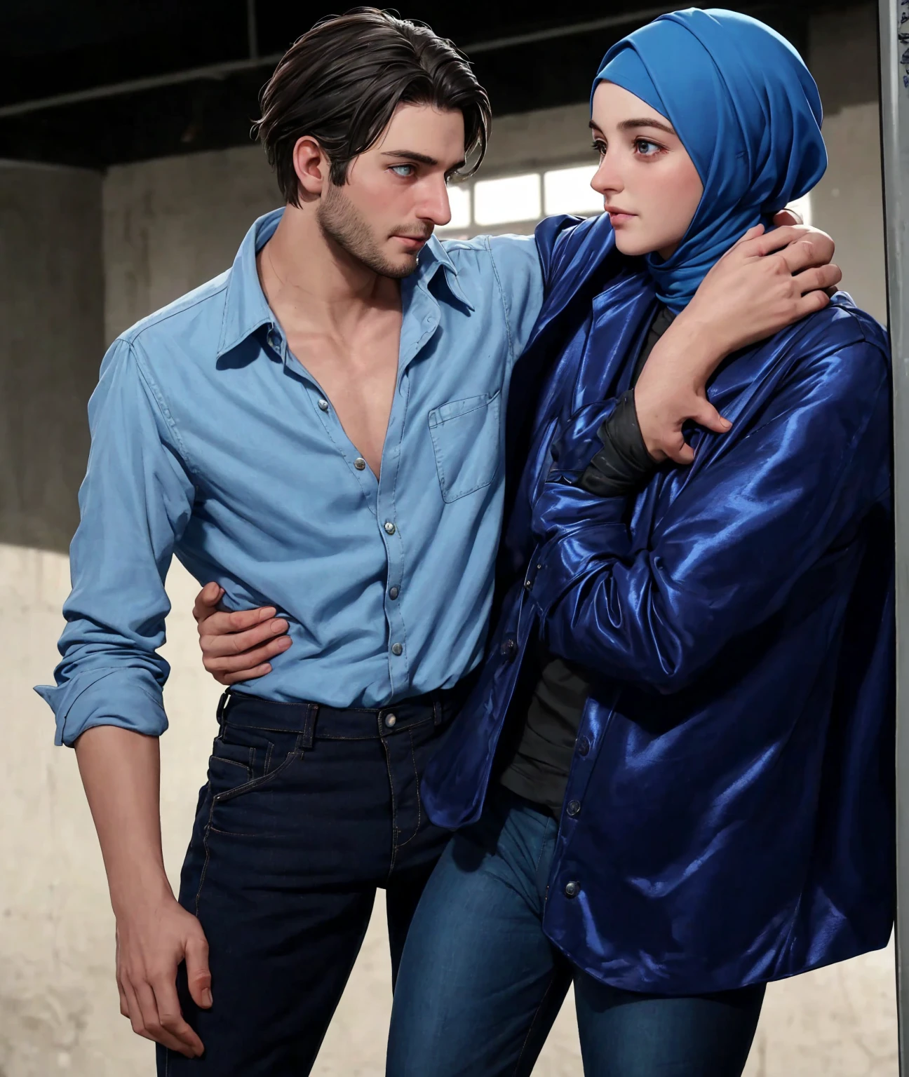 A young German man in a blue cotton shirt and jeans and a Syrian woman in a shiny plastic quilted coat and blue satin headscarf stand arm in arm in front of a refugee shelter, A German man in a cotton shirt and jeans is injured and is supported by a Syrian woman, A Syrian woman wearing a shiny plastic down coat supports an injured short-haired man, who can't walk alone, A Syrian woman wearing a headscarf holds an injured short-haired man in her arms, compassion, accident, injury, first aid, theater, ultra-realistic, photo